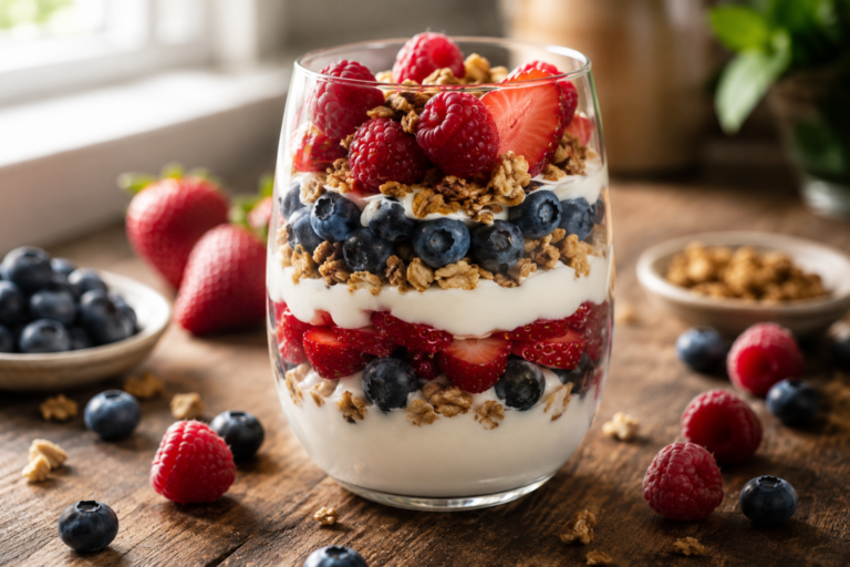 Yogurt Parfait vermelho, branco e azul preparado com iogurte grego, frutas vermelhas frescas e granola crocante.
