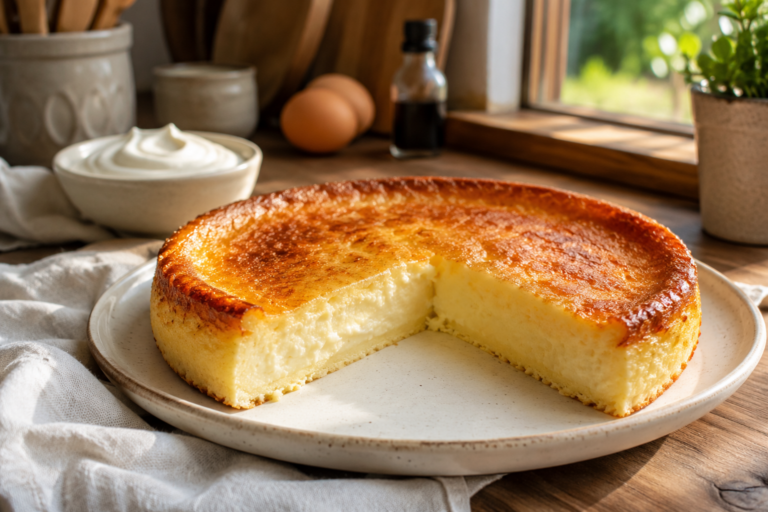 Bolo de Iogurte Grego servido em um prato, com uma fatia cortada mostrando sua textura cremosa e macia, levemente dourado e decorado com frutas vermelhas frescas.
