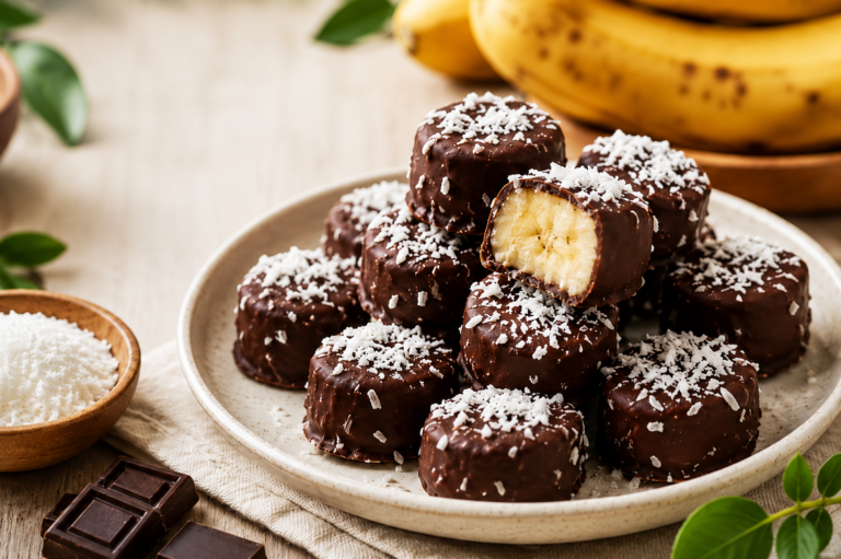 Bombons de Banana cobertos com chocolate amargo e coco ralado, servidos em um prato, mostrando o recheio cremoso de banana e a casquinha crocante de chocolate.