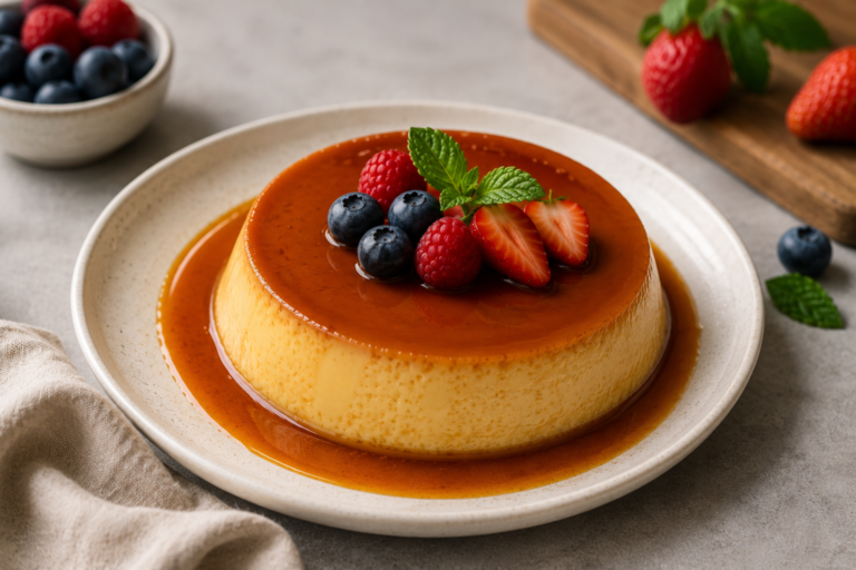 Pudim sem Açúcar caseiro servido em um prato, com calda leve, textura cremosa e decorado com frutas vermelhas frescas e folhas de hortelã.