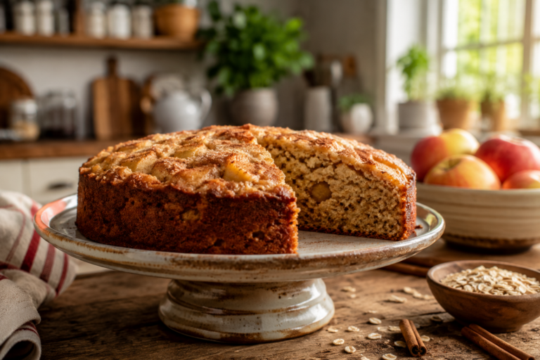 Bolo de Maçã caseiro preparado com aveia, pedaços de maçã fresca e canela, servido em um prato com uma fatia cortada, mostrando sua textura macia e úmida.