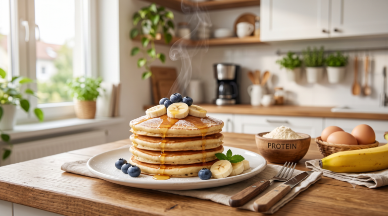Panquecas Proteicas empilhadas em um prato, servidas com banana fatiada, frutas vermelhas, mel e iogurte grego, mostrando uma textura macia e dourada.